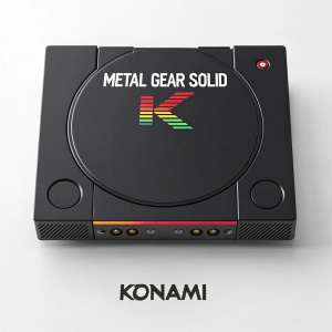 Digital art rendering of Metal Gear Solid PS1 game box. The cover predominantly black with vibrant white text 'Metal Gear Solid' and Konami logo
