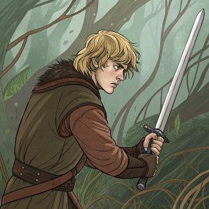 Digital illustration of Thorfinn from Vinland Saga. He's intensely focused, sword in hand. The background is an abstract mix of greens and browns, representing a dense forest.