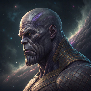 Thanos, muscular, bald, from Marvel, detailed face, wireframe, dark cosmic background, digital artwork.