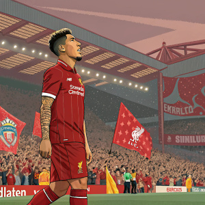 Roberto Firmino, in vibrant pixel art style, standing in a stadium filled with cheering fans.