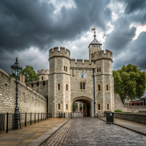 The Tower of London entrance, a majestic stone structure with a historic aura. The architecture stands out with its unique design and grayish tones.