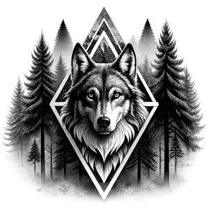 valknut runes pattern geometric symbols - wolf and trees - tattoo design - perfect realistic art - high-definition - grey and black - white background 