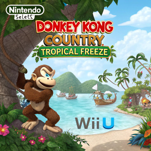 Cover art for Donkey Kong Country: Tropical Freeze. Dynamic pose of monkey character in vibrant tropical setting. Nintendo Selects logo and Wii U branding prominently featured.