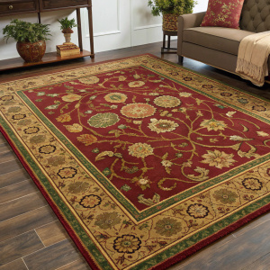 Photograph showcasing Oriental Weavers Sphinx Generations 1732M rug with deep reds, golds, and greens in an intricate pattern.