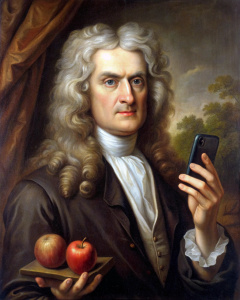 Isaac Newton holding phone with apple logo