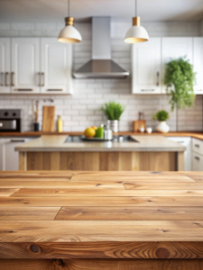 Wood table top on blurred kitchen background. can be used mock up for montage products display or design layout
