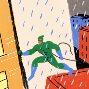 Matt Murdock, aka Daredevil, leaping through a dark, rain-soaked alleyway of New York City. Detailed artwork by artist Marco Checchetto.