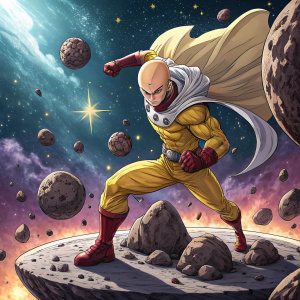Digital render of Saitama from One Punch Man. He is in a fierce battle stance on a floating platform amidst an asteroid field. Background is vibrant and starry