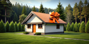 country one-story small modern house, minimalistic, modest design, many details, not fussy, small windows, siding, white walls, triangular black roof, black roof, large orange satin bow on top, bow on roof, large gift bow on roof, satin on top tape, located in the forest, there is a lot of grass, greenery and trees around, bright sky, photorealism, high quality photo, photo as in life, hdr, 3K, professional photographer