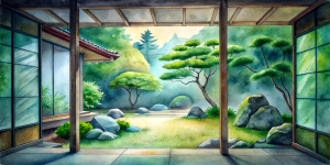 Japanese backyard garden with rocks and trees seen through a sliding door of a Japanese house.