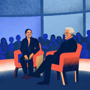 Rose McGowan and Jay Leno laughing during a talk show. Studio audience in the background.