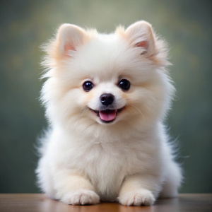  white Pomeranian baby tilting its head　smile ,Trimmed like a little bear form