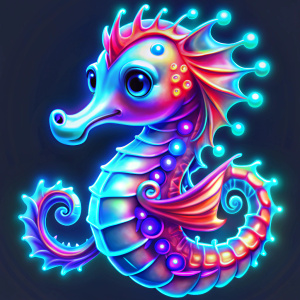   mad  seahorse in cartoon style  with glowing neon lights 