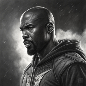 Detailed charcoal drawing of Luke Cage. Rough strokes emphasizing facial features. Stark contrast between light and shadow