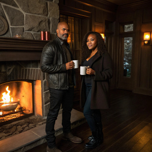 Shemar Moore and Deshae Frost from S.W.A.T. standing beside a cozy fireplace, holding coffee mugs. Dark wood floor, dimly lit room.
