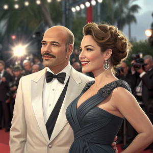 Billy Zane and Kelly Brook at the Cannes Film Festival premiere. Billy Zane with a bald head and a neat mustache, Kelly Brook wearing a chic updo. Crowds and flashing lights in background.