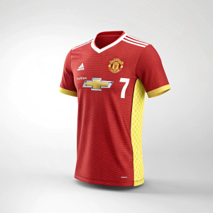 3D rendering of a Manchester United soccer jersey. Front view showcasing Adidas logo and player number 7
