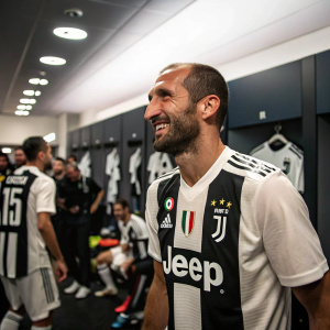 Giorgio Chiellini in the locker room after a match, Juventus team logo visible on his jersey. Teammates in the background.
