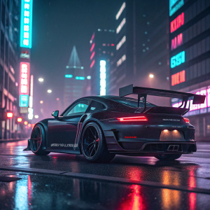 A stunning visualization of a Porsche 911 GT3 RS in a neon-lit cityscape. The car, predominantly black, gleams with a sleek design, boasting a massive rear wing and sharp taillights. Set against a backdrop of pulsating, multicolored lights, the car's sleek, low-profile body is showcased on a reflective road surface, enhancing its dynamic appearance.