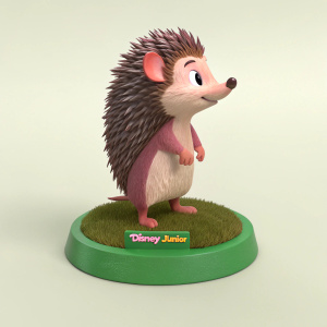 A 3D model of a character resembling a hedgehog from Disney Junior. Brown and pink fur texture, standing on a green base with Disney Junior logo. Posed stance.