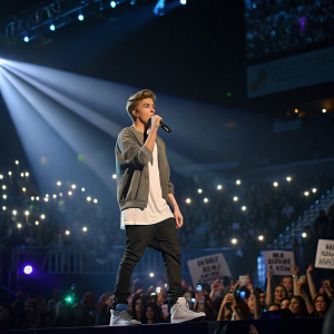 Justin Bieber performing on stage at the AMAs. Crowd visible in the background.