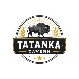 Buffalo-themed logo for Tatanka Tavern. Bold text and graphic elements. Rustic and straightforward design in black and white with gold highlights.