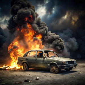 carro destruido  en un fondo negro pero el fondo esta quemandose 