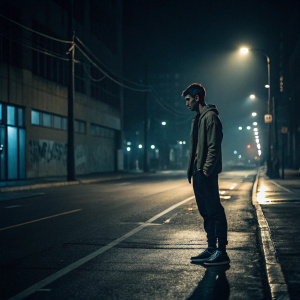 Christian Pulisic, footballer, standing alone on a desolate city street at night. Wearing casual attire, no jersey visible. Dark and moody atmosphere, minimal lighting