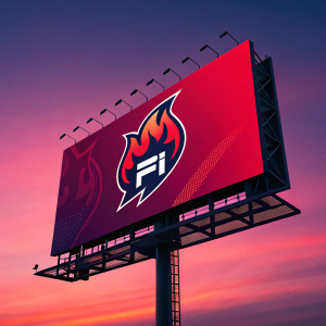 F1 Esports Team promotional billboard, vivid red background, dark purple gradient, bold flame logo.