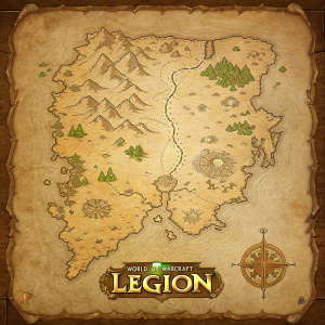 Highly detailed World of Warcraft: Legion themed map. Created on textured parchment with warm earth tones. Displays key locations such as Highmountain, Azsuna, and more. World of Warcraft logo at the bottom