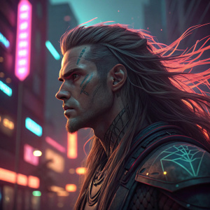 Digital render of a cyberpunk avatar. Long, flowing hair in motion. Detailed facial features. Textured skin with organic and synthetic elements.