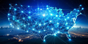 Digital map of USA, concept of North America global network and connectivity, data transfer and cyber technology, information exchange and telecommunication