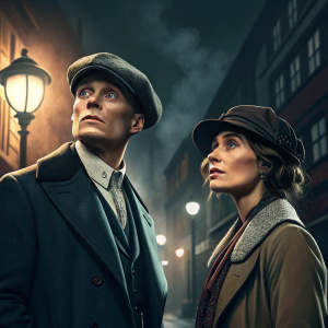 Digital artwork featuring Tommy Shelby and Ada Shelby from Peaky Blinders. They stand in front of a dimly lit street backdrop, movie poster style.