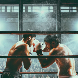 Amir Khan and Samuel Vargas in a heated boxing match. The crowd roars in the background at a packed arena.