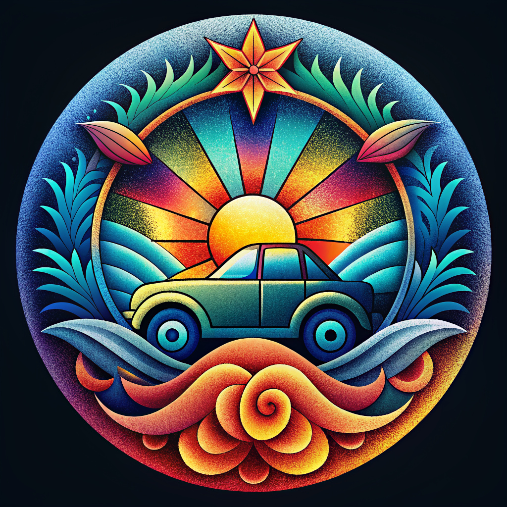 A colorful and whimsical hippy-inspired logo design featuring a word spiral. The words "the salty life," "chase the sun," "seek the unseekable," "living out of a 4wd," "crack a tin," "hooroo," and "follow the swell" are intricately intertwined in a circular pattern. The font is bold and eye-catching, with vibrant colors that evoke a sense of adventure and freedom. The overall design exudes a sense of coastal living, embracing the outdoors, and a carefree spirit.