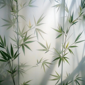 Through the frosted glass, I can see some hazy shadows of bamboo leaves on the white background.