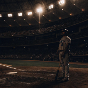 Adrian Gonzalez, donning his LA Dodgers jersey, with bat in hand, on the edge of home plate. The stadium lights illuminate the green field, while a sea of Dodger blue-clad fans create a vibrant backdrop.