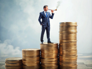 Tobacco pipe Business person making money Man standing on stack of coins having financial success Vector illustrati on white background