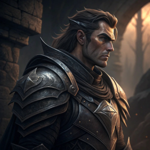 Digital illustration of Darius, the Noxian warrior. Wears dark, angular armor. Serious face. Dimly lit, stone-like background.