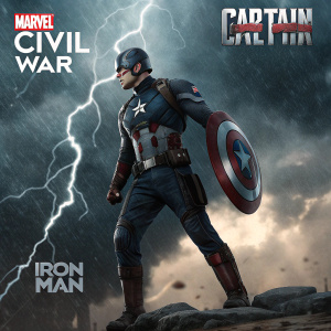 Poster art for Marvel's Civil War. Captain America stands alone, ready for battle in an advanced suit. Dark and stormy backdrop with intricate armor details. Marvel and Iron Man logos in corner.