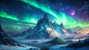 Fantasy mountain range with peaks covered in glowing snow under an aurora-lit sky