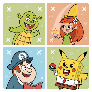 Illustration showcasing Shrek, Cap'n Carverna, Pricilla Juuba, Kim Possible, SpongeBob SquarePants, and Pikachu. Characters arranged in a playful grid layout.