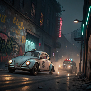 The Herbie franchise characters in a high-speed chase scene. Dark and gritty urban environment with graffiti and neon lights.