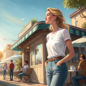 Rosie Huntington-Whiteley in casual jeans and white t-shirt at a coffee shop. Outdoors, bright sunny day, few people around