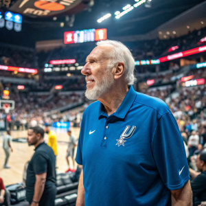 Gregg Popovich, sporting a beard, in a blue polo shirt with the Spurs logo. Standing at a bustling NBA arena