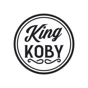 Graphic design for a brand named King Koby. Modern logo featuring a bold, cursive font within a circular frame. The design incorporates themes of masculinity and camaraderie. Presented in monochrome.