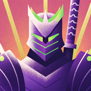 Digital artwork featuring a warrior resembling Genji. Fierce dragon-like face. Armor-like lines, sharp edges, dark metallic colors with neon green highlights. Dynamic, edgy feel.