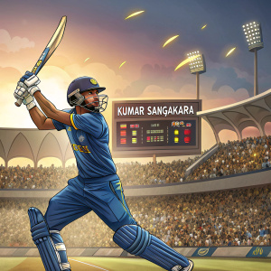 Kumar Sangakkara, captain of the Sri Lankan cricket team, in batting stance during a high-stakes match at the R Premadasa Stadium in Colombo. Spectators fill the stands, with the digital scoreboard prominently displaying player names and statistics.