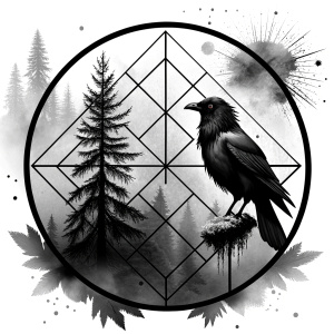 vegvisir runes geometric symbol - raven and trees - tattoo design - perfect realistic art - high-definition - grey and black - white background 