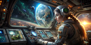 женщина в футуристичном sci-fi костюме и шлеме, управляет космическим челноком, который приземляется на планету, перед ней окно и навигационная панель с индикаторами, в окне видна поверхность неизвестной планеты, с причудливой флорой и фауной